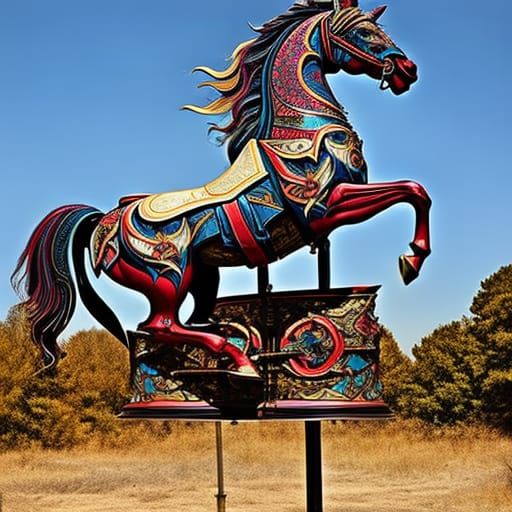 Detailed Carousel Horse with Floral and Celestial Motifs