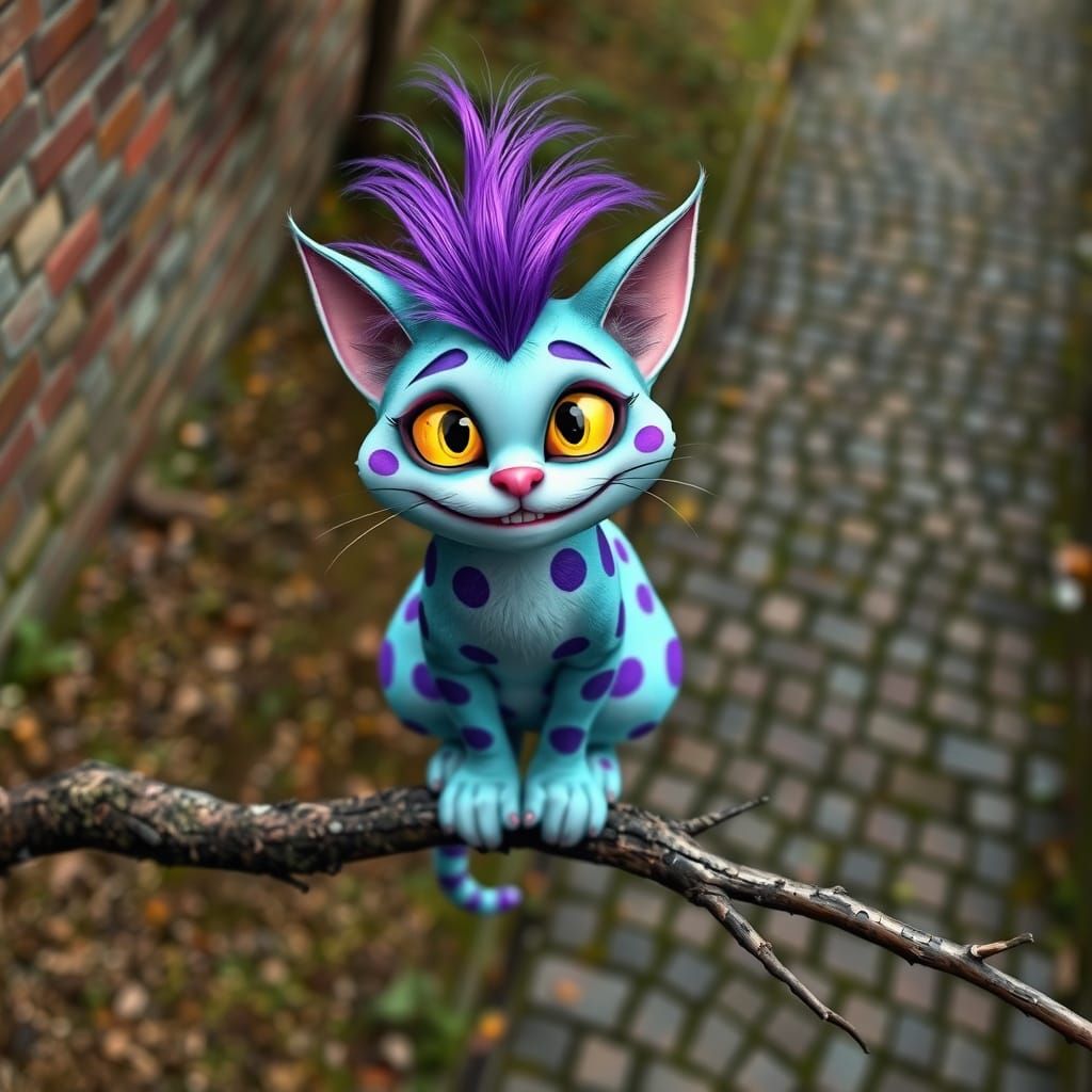 Aqua Cheshire Cat with Purple Polka Dots