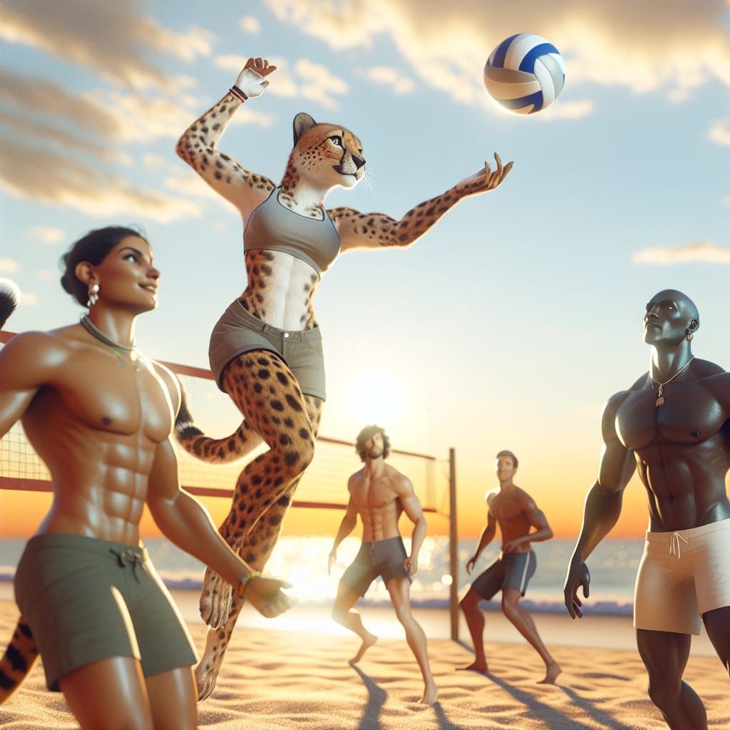 Humanoid Cheetah Plays Beach Volleyball at Sunset