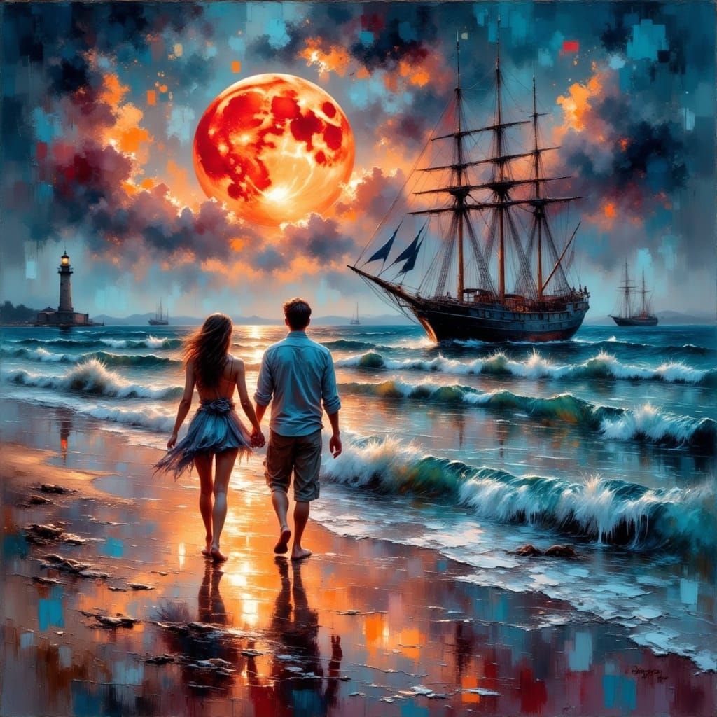 Romantic Beach Walk Under Blood Moon as Impasto Painting