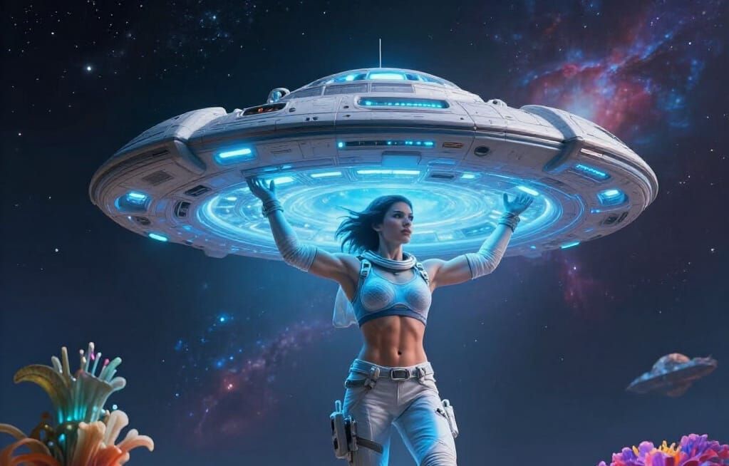 Female Astronaut Lifts Alien Spaceship in Sci-Fi Scene
