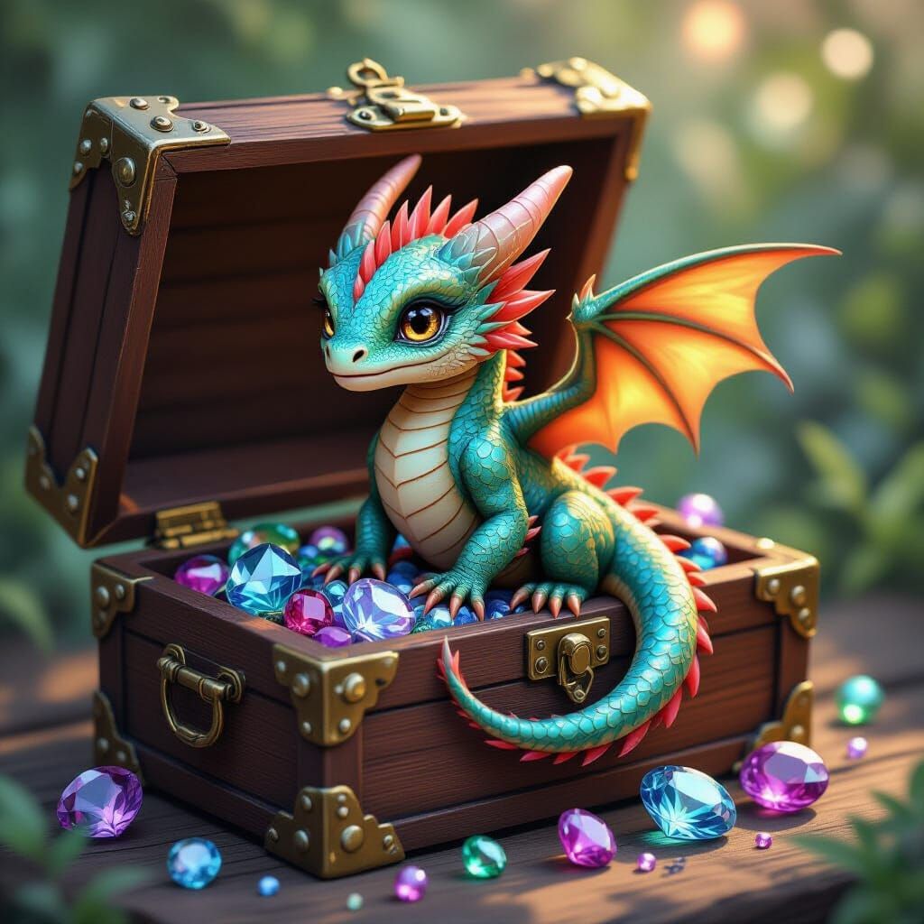 Iridescent Dragon Hatchling in Antique Chest