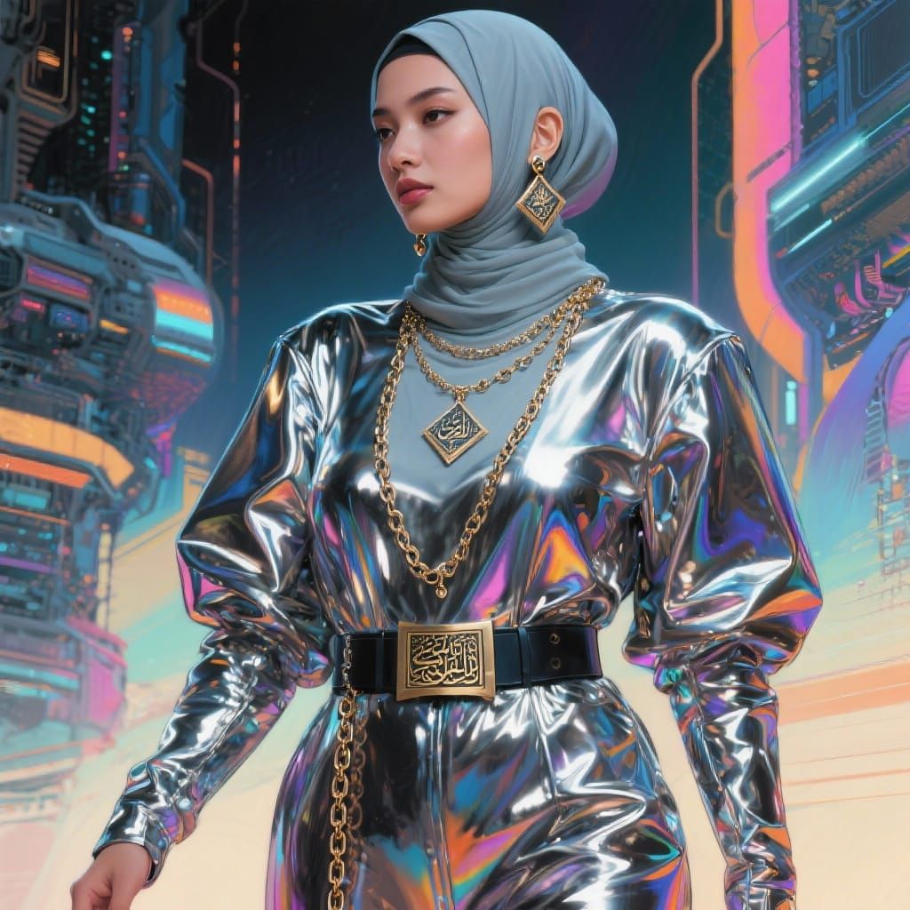 Futuristic Asian Woman in Metallic Jumpsuit