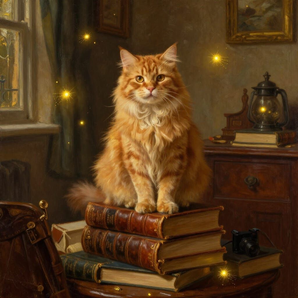 Fluffy Ginger Cat in Cozy Victorian Study