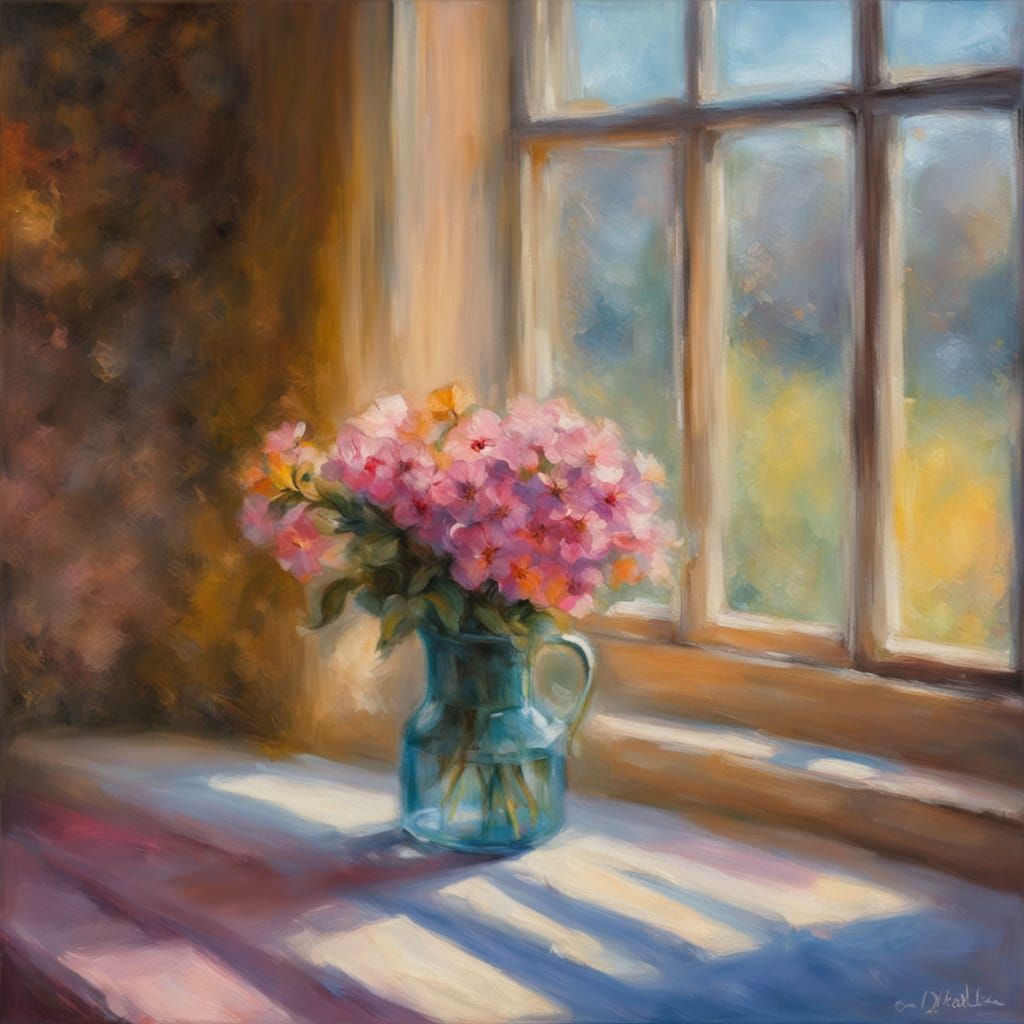 Boho Window with Sunbeams in Impressionist Style