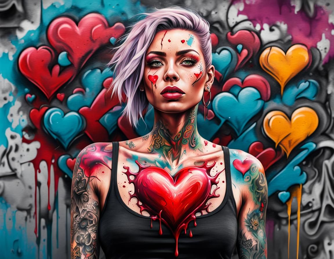 Woman with Heart Tattoo in Graffiti Art Style
