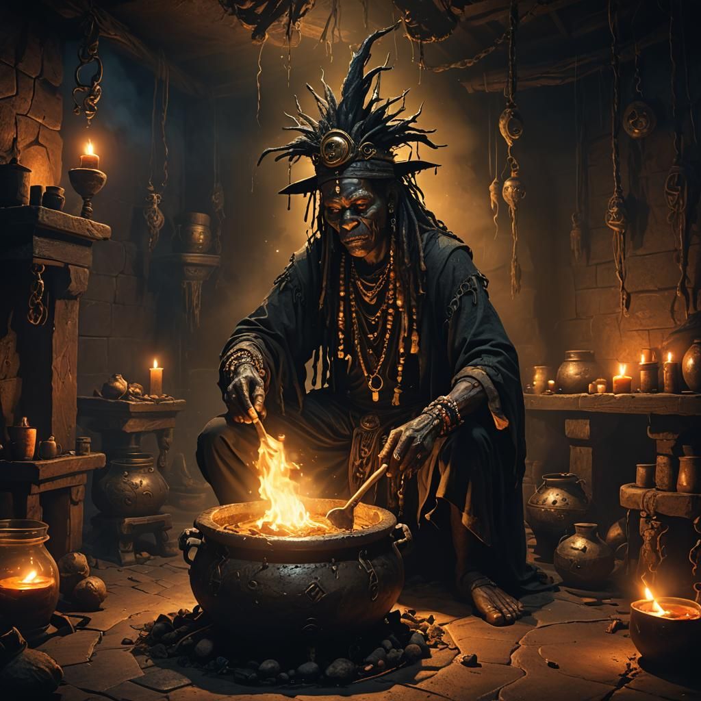 Witch Doctor Toils in Dark Fantasy Chamber