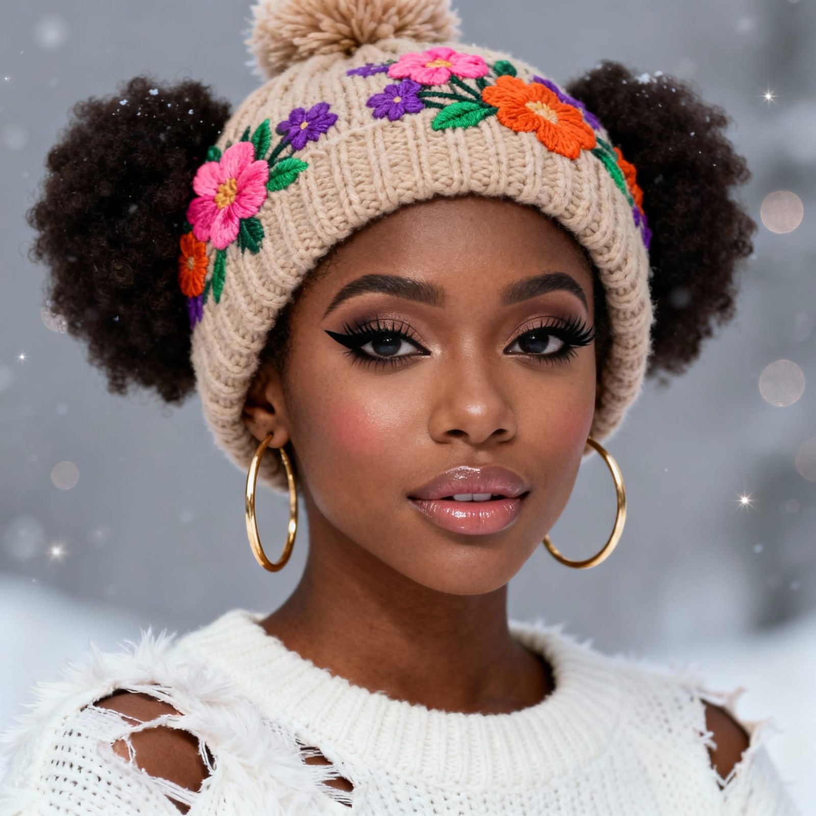 Digital Portrait: Black Woman in Beanie with Floral Embroide...