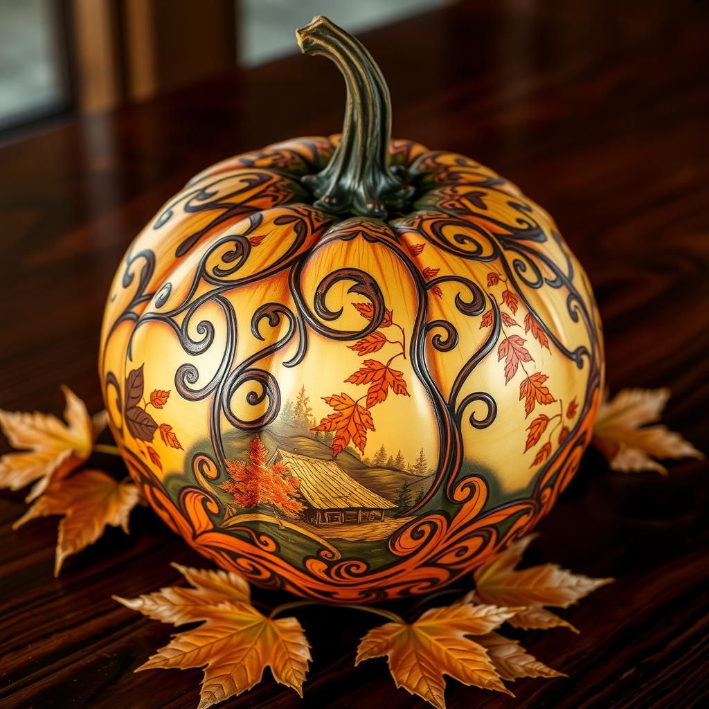 Ornate Autumn Gourd Painted with Swirling Patterns