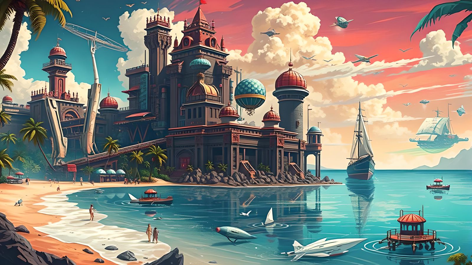 Tropical Cyberpunk Beachside Complex with Airships