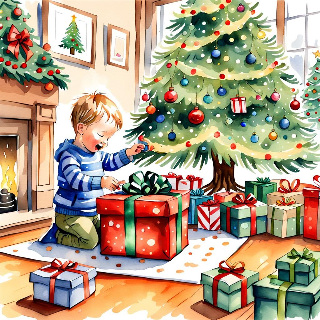 Joyful Christmas Morning: Toddler's Delight in Watercolor
