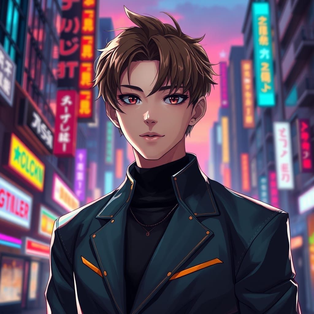 Anime Style Young Man in Neon Cityscape