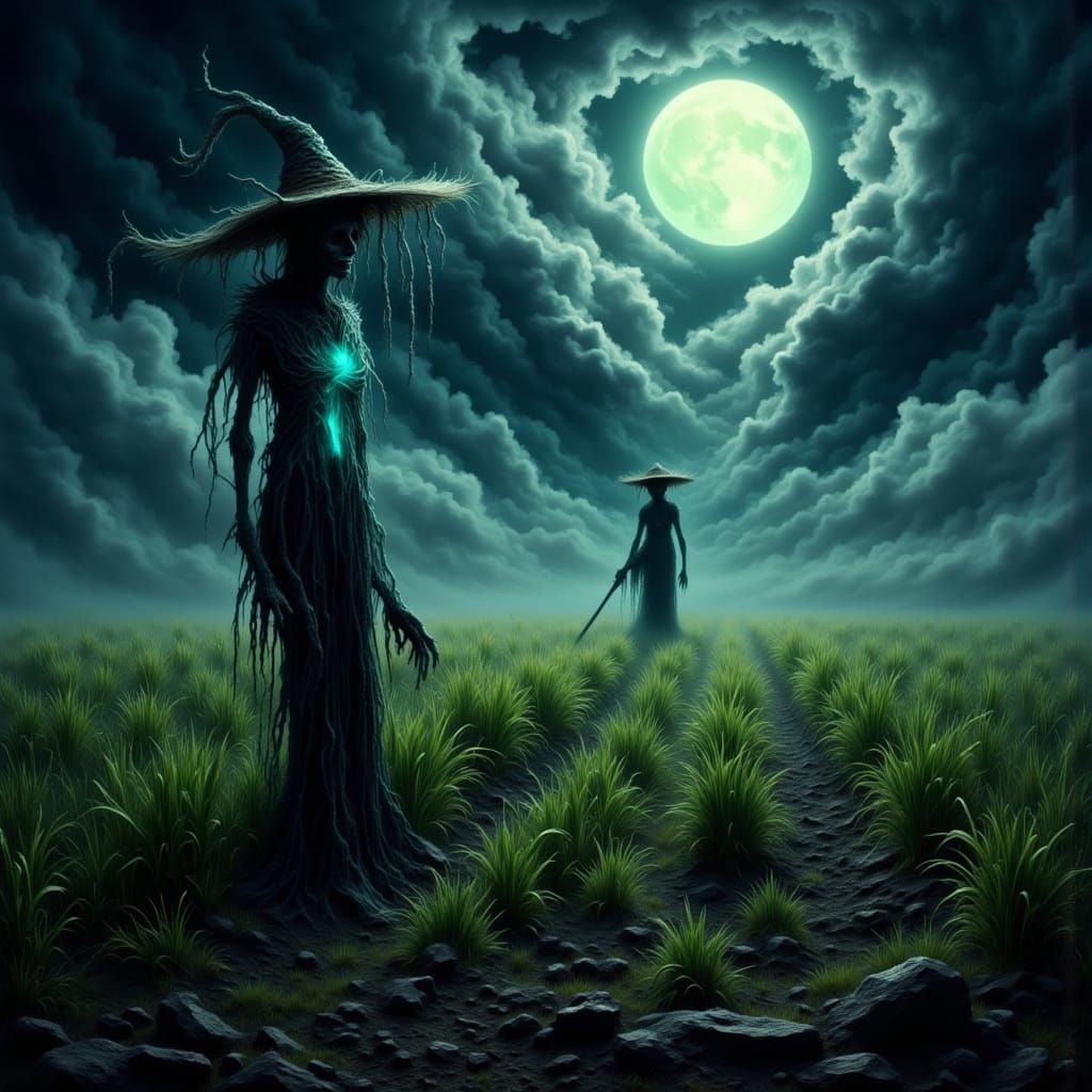 Spectral Farmer in Haunted Paddy Field Under Moonlight