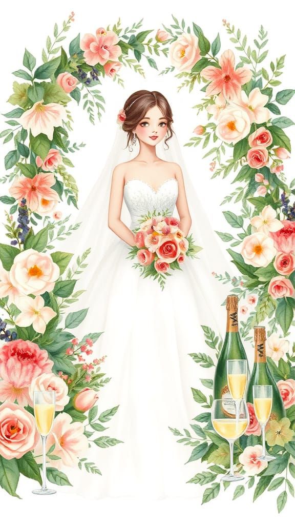 Romantic Watercolor Bride Surrounded by Floral Arrangements