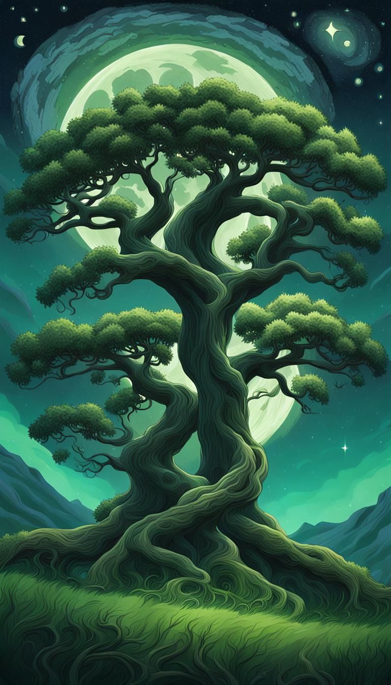 Intertwined Trees Under Starry Night Sky