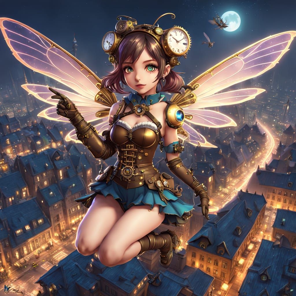 Steampunk Fairy Soars Over City at Night in Anime Style