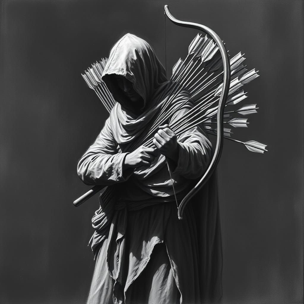 Figure with Bow and Arrows, Charcoal Drawing