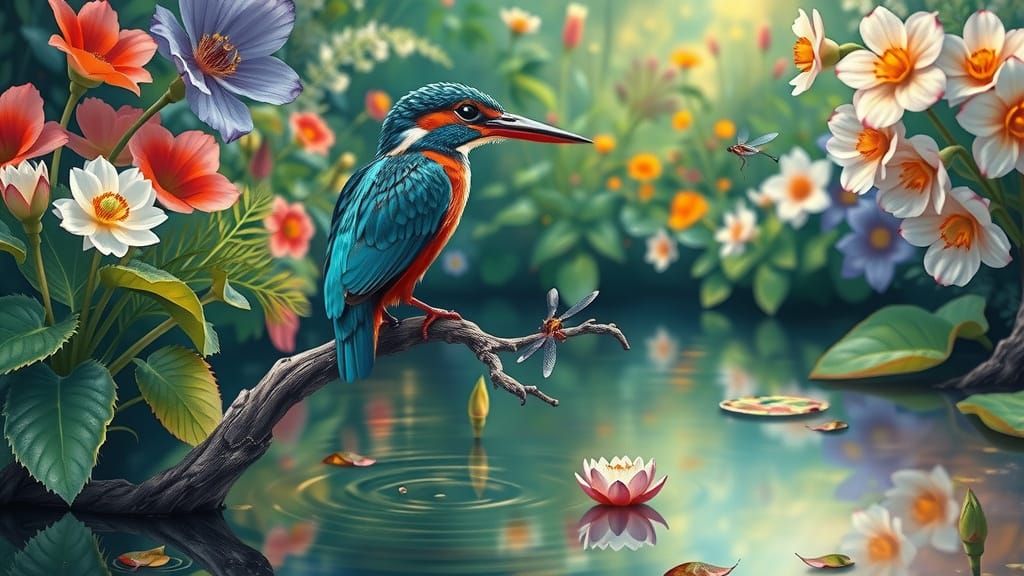 Ethereal Kingfisher in Impressionist Garden