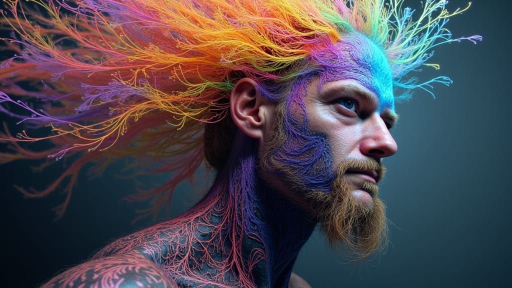 Fractal Faced Man with Rainbow Moss Hair