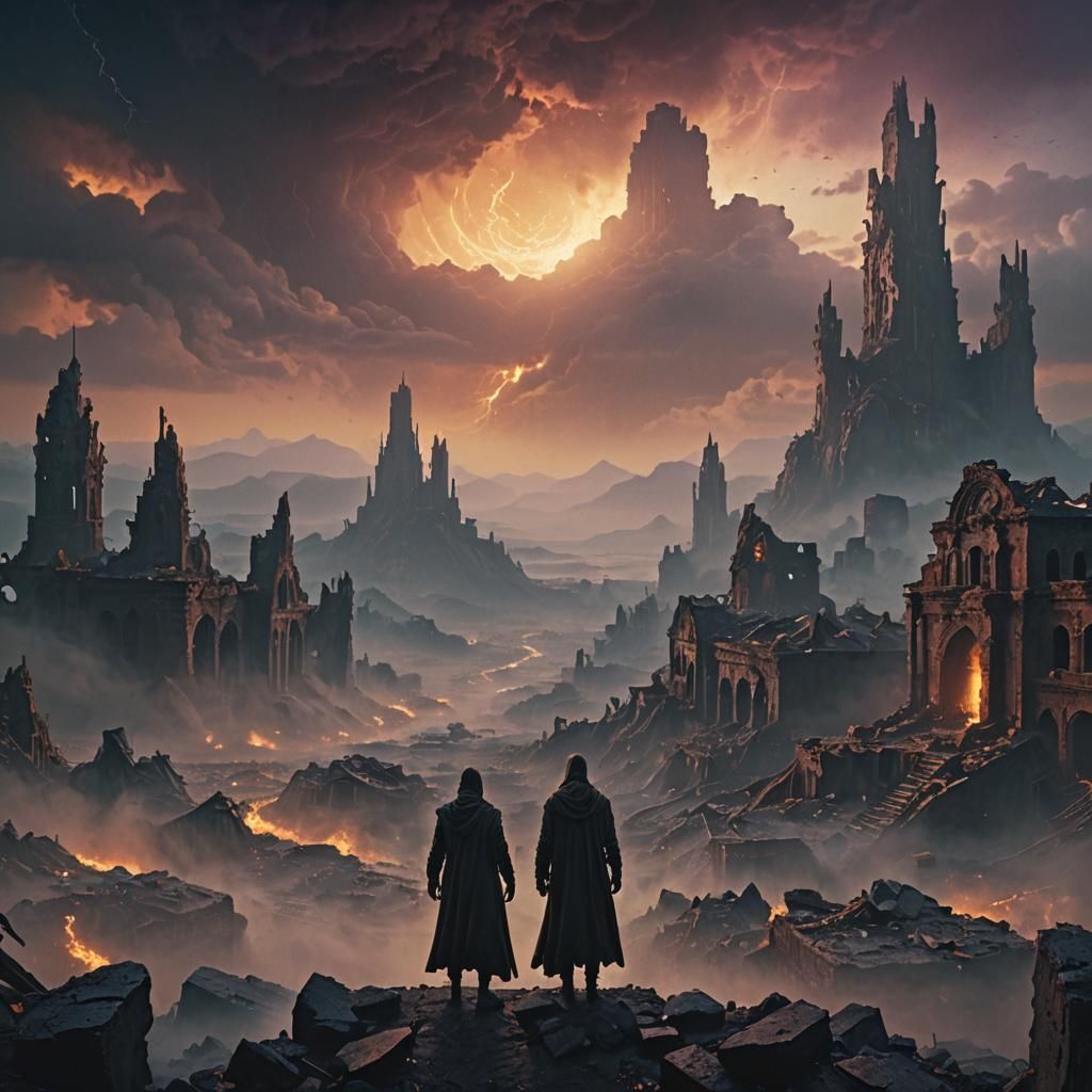 Shrouded Figure in Ruined City: A Dark Fantasy Masterpiece