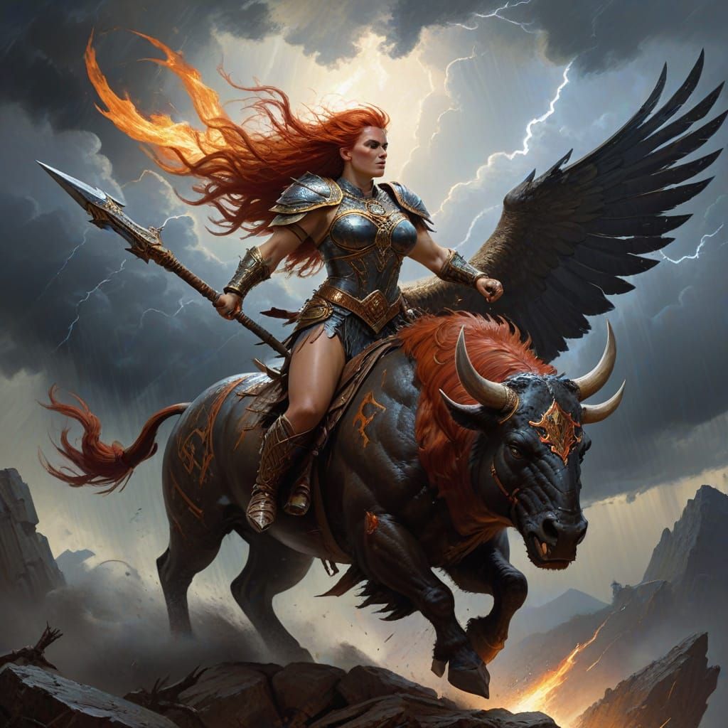 Valkyrie Rides Winged Boar in Stormy Heroic Fantasy
