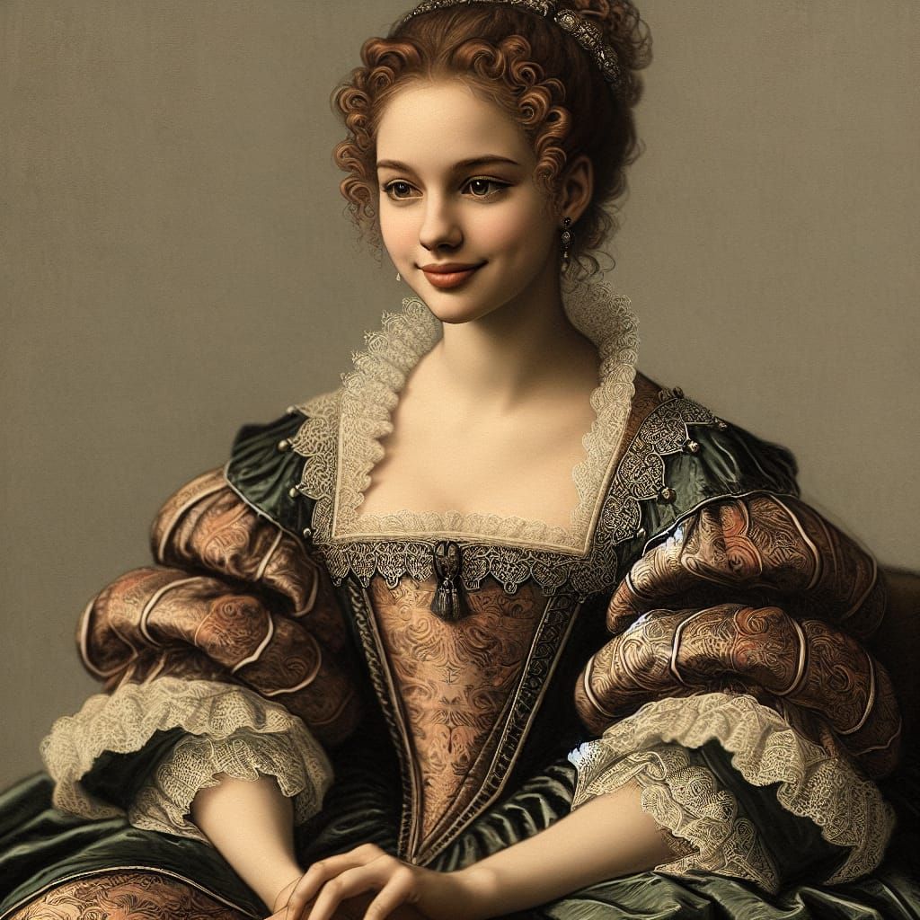 Woman in Elizabethan Attire with Shy Smile