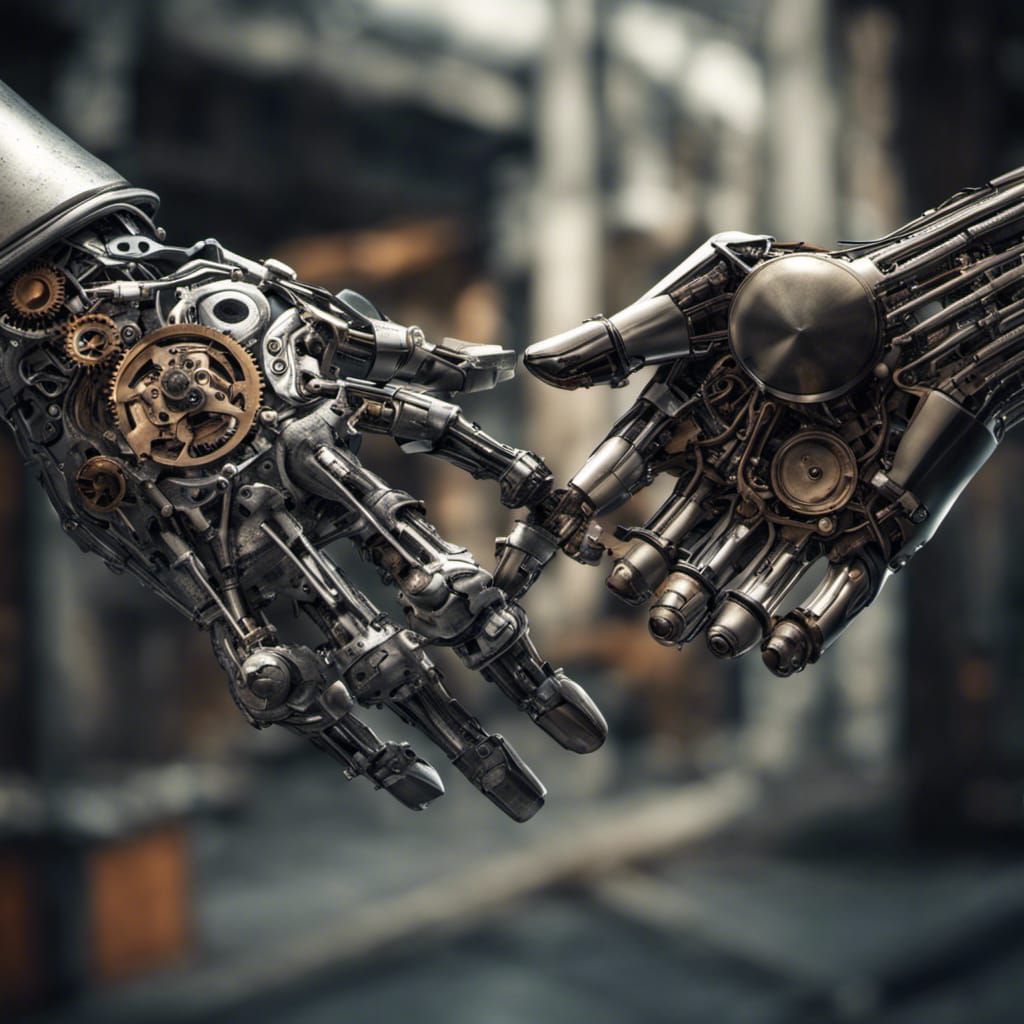 Mechanical Hands Clasp in Hyperrealistic Detail