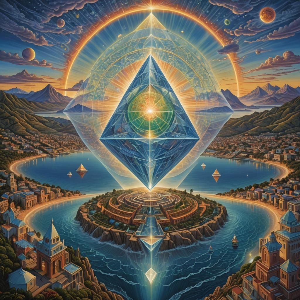 Luminous Underwater City with Crystal Octahedron