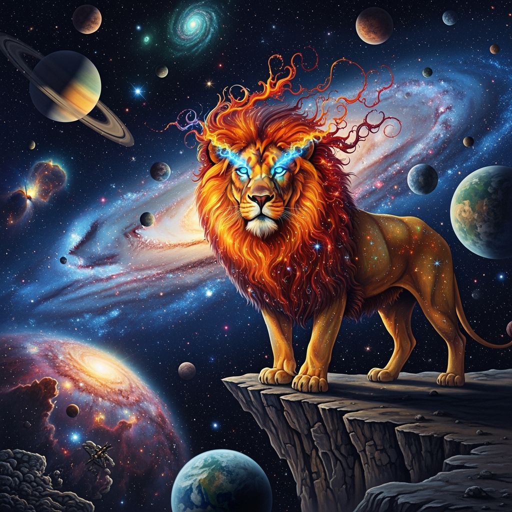 Cosmic Lion with Fiery Mane in Surreal Style