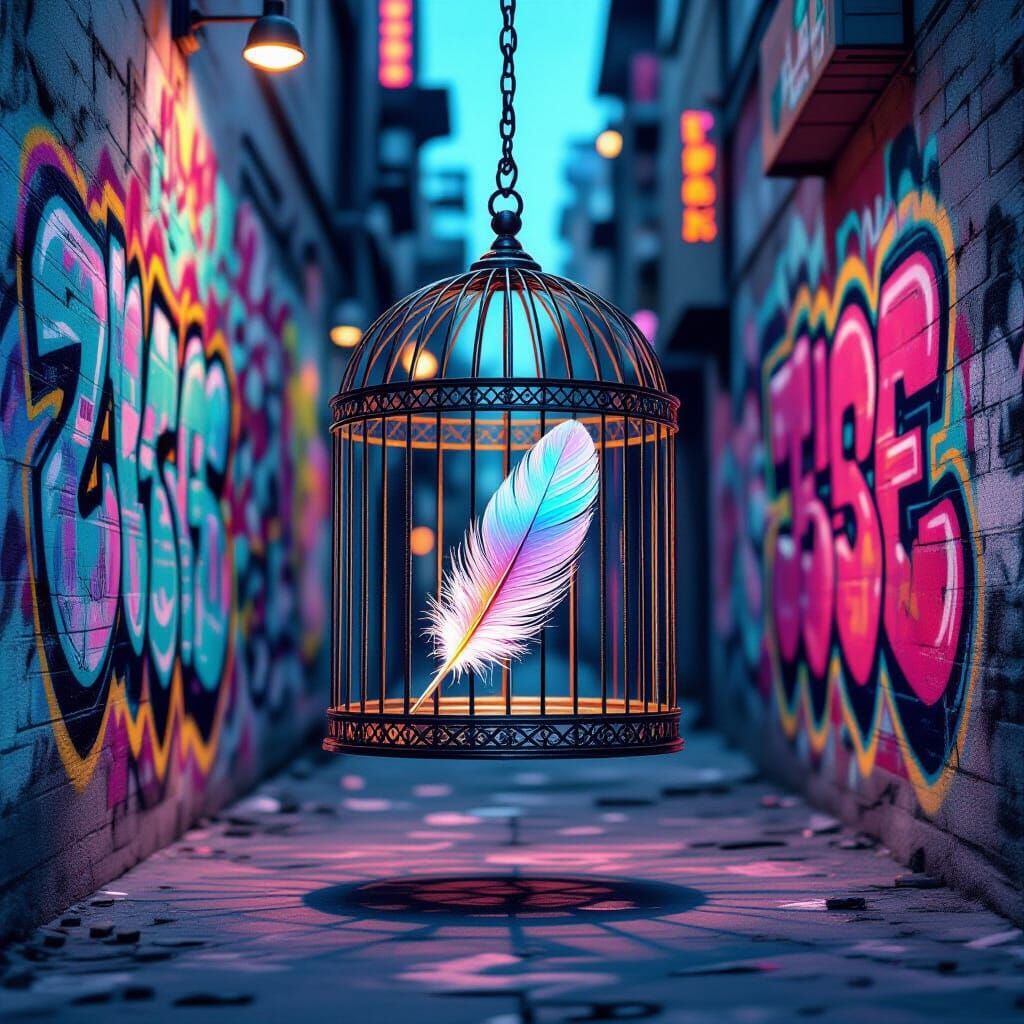 Psychedelic Birdcage of Light Above Graffiti Wall