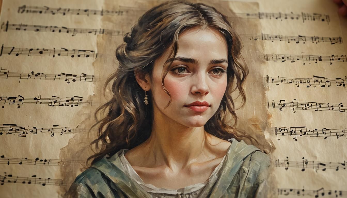 Beautiful Woman with Faded Sheet Music in Oil Painting
