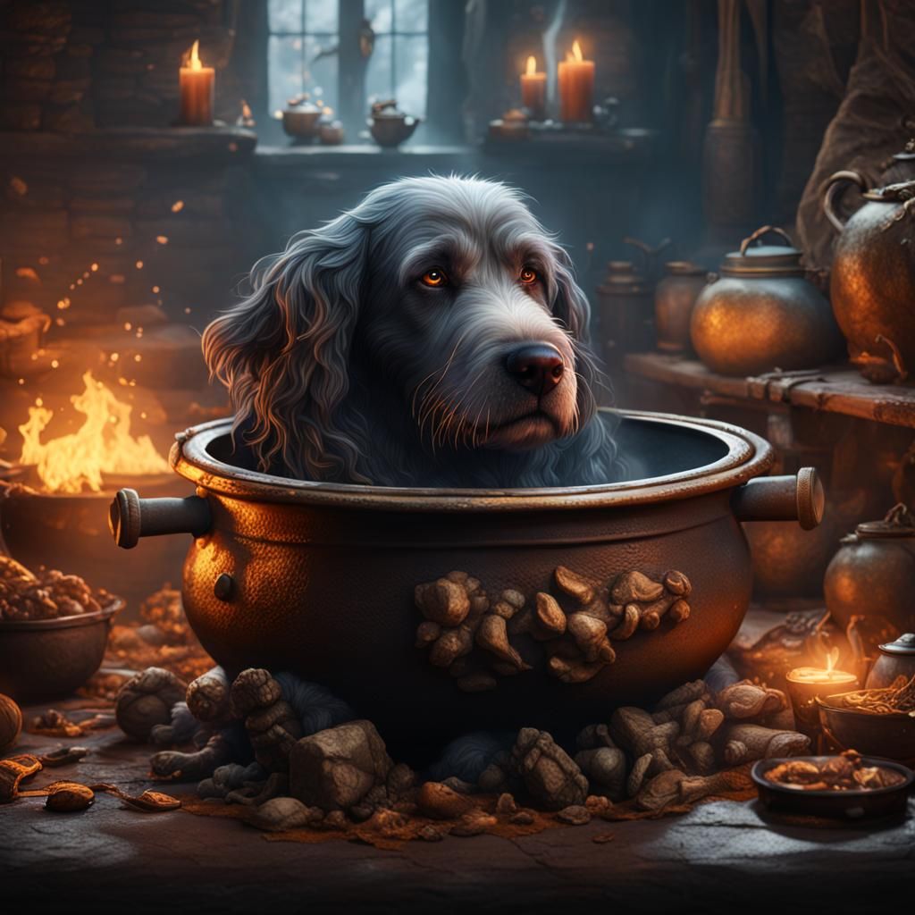 Dog Wizard Sleeps in Cauldron: Fantasy Concept Art