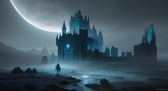 Knight Before Ruined Castle in Mystical Fog