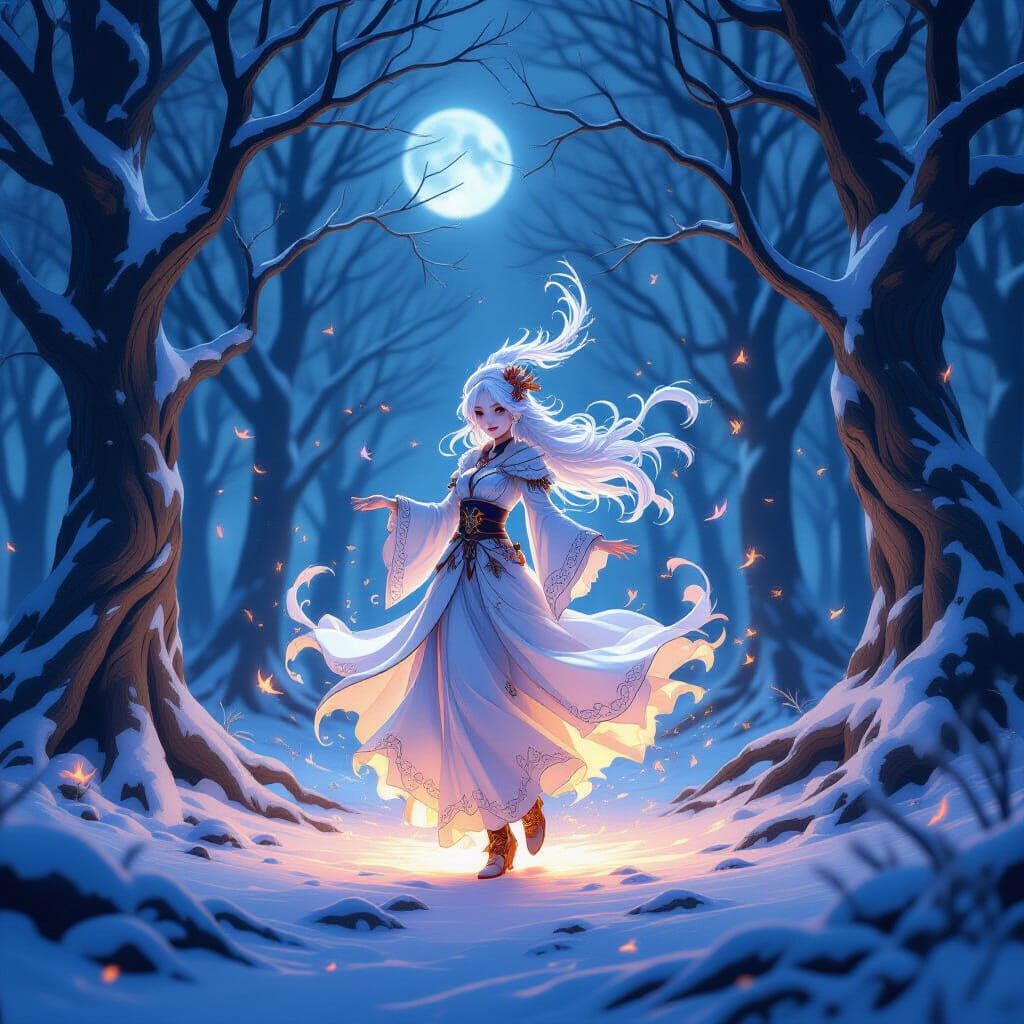 Ethereal Winter Spirit in Moonlit Forest