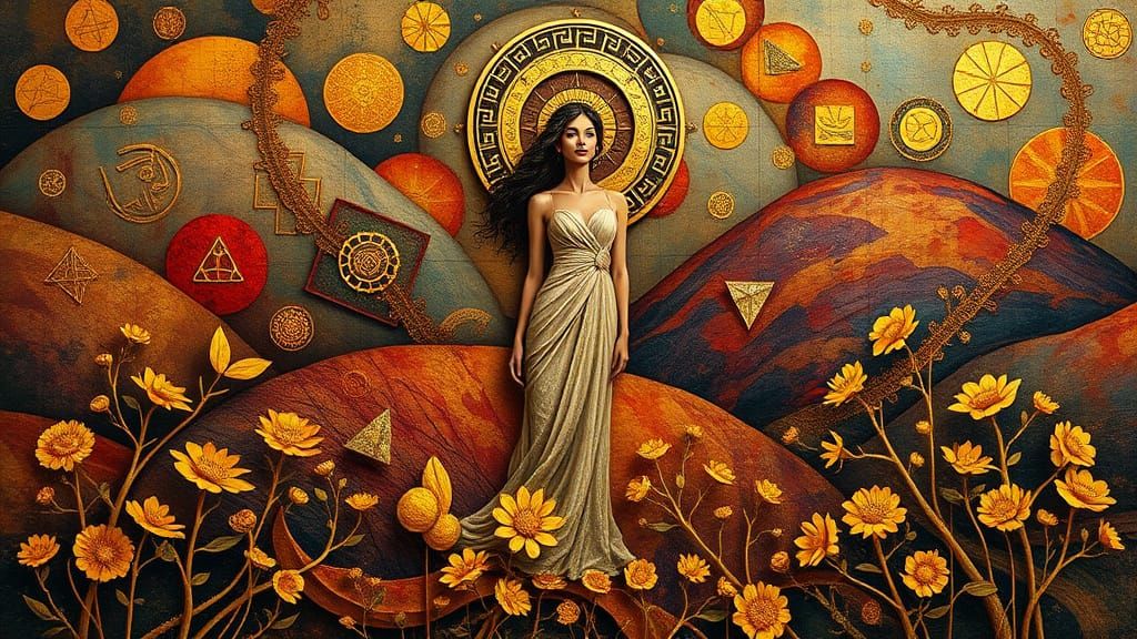 Woman in Dreamlike Surrealist Landscape with Sacred Geometry