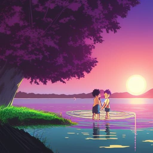 Boys Play in Lake: Studio Ghibli Anime Art