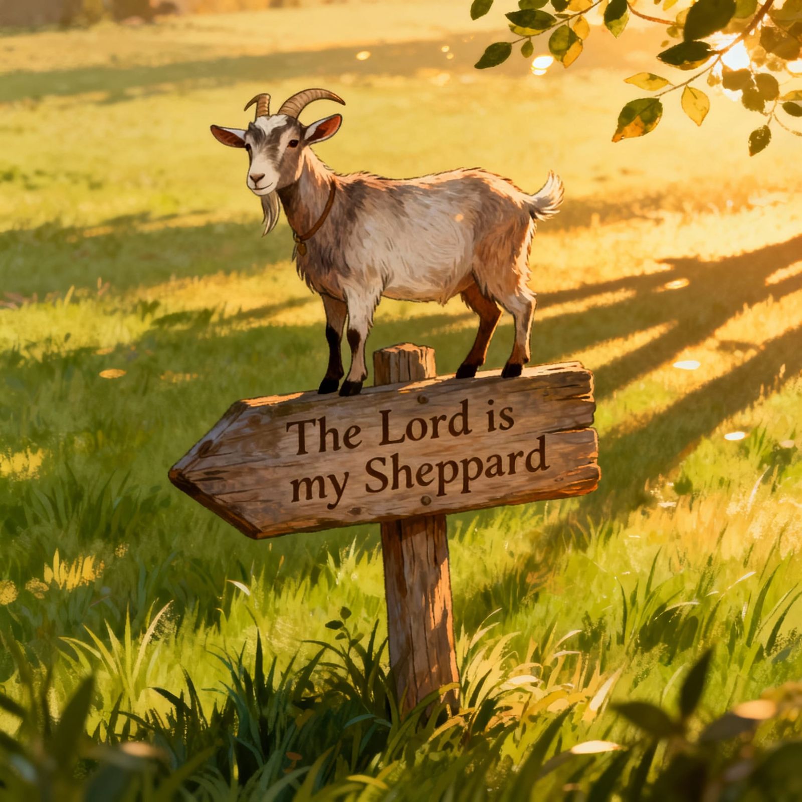 Goat on Rustic Sign in Folk Art Style
