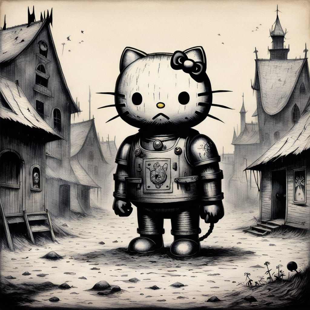 Hello Kitty in Kubin-esque Horror Style