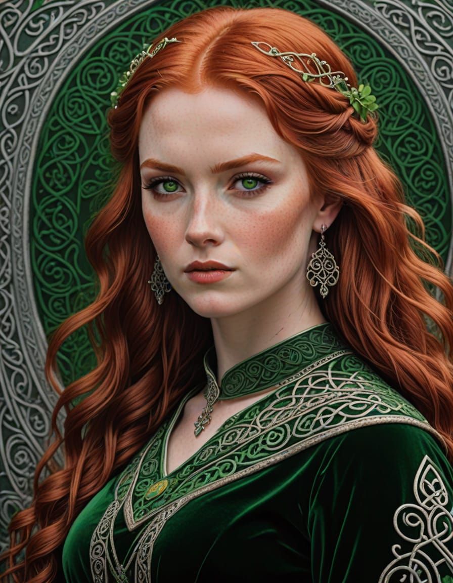 Young Celtic Woman with Embroidered Velvet Gown