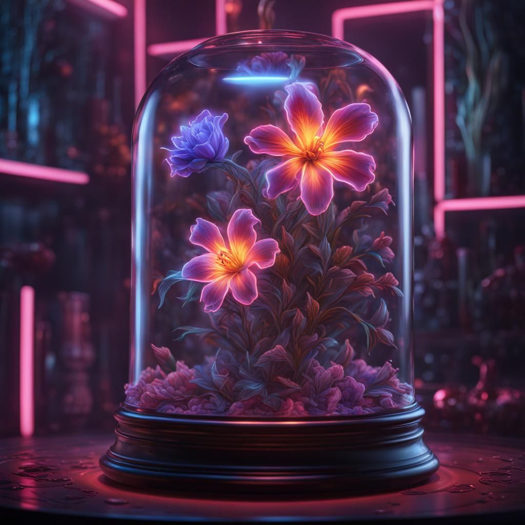 Neon Lightning Flower in Glass Bell Jar