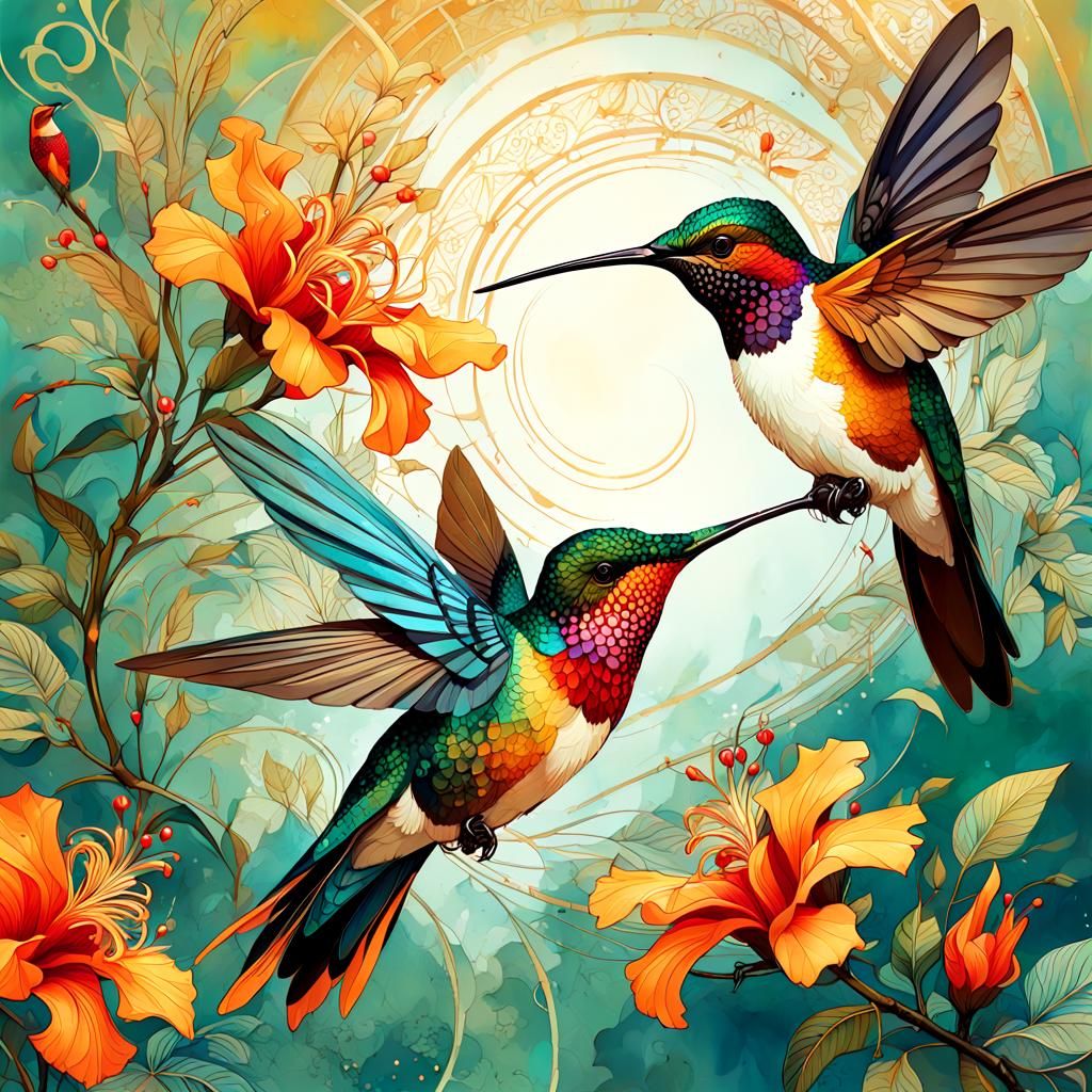 Hummingbirds in Elaborate African Batik Style