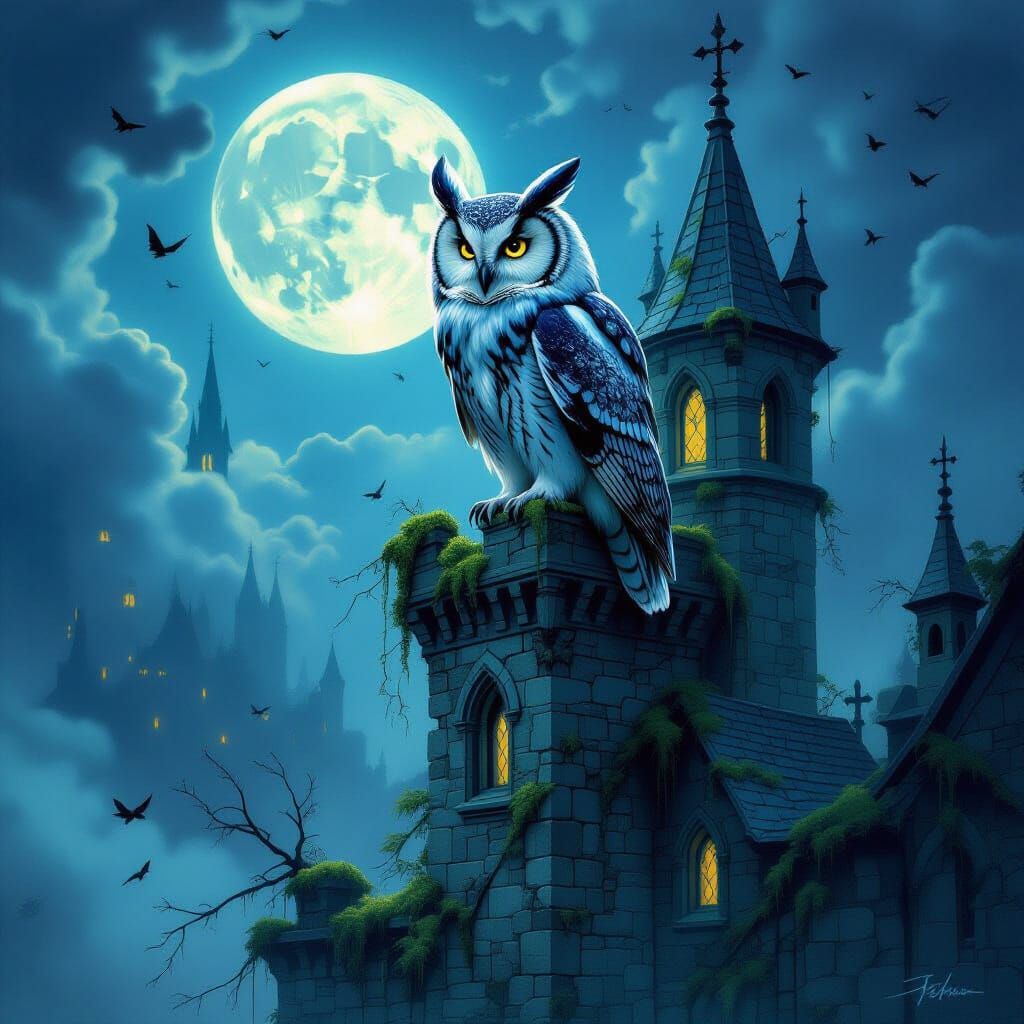 Moonlit Owl in Gothic Tower, Painterly Style