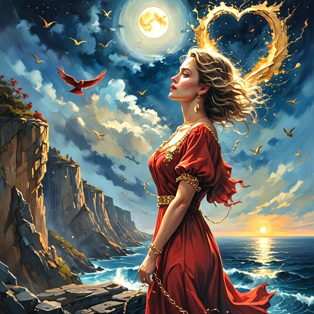Woman in Red Dress Flying with Golden Sparks