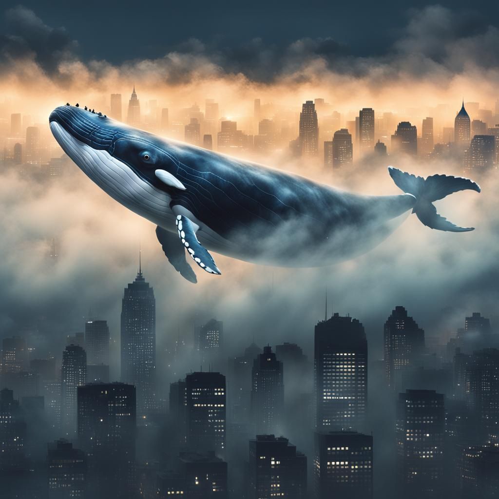 Giant Whale Swimming Above Foggy City