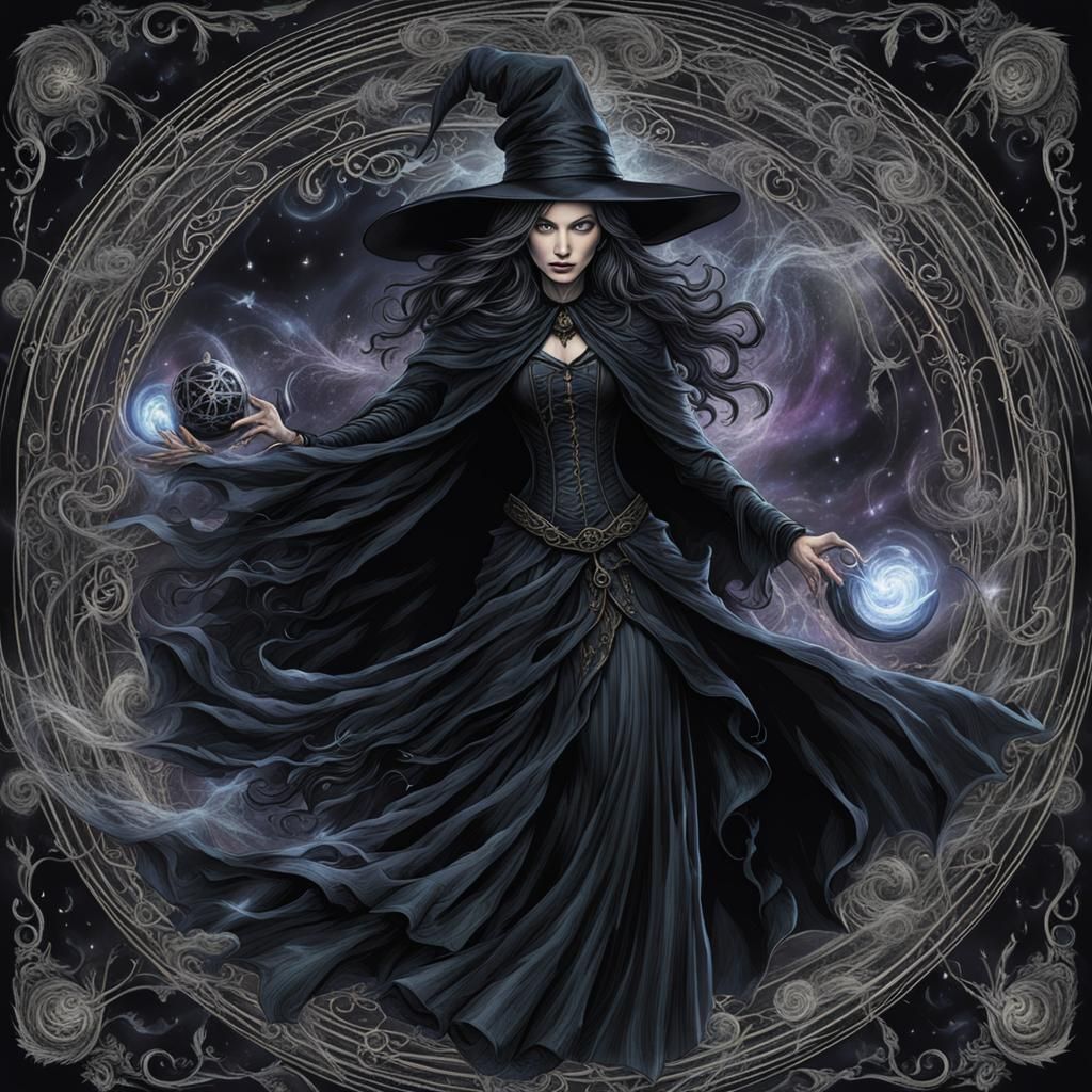 Gothic Witch Weaving Spells in Magical Vortex