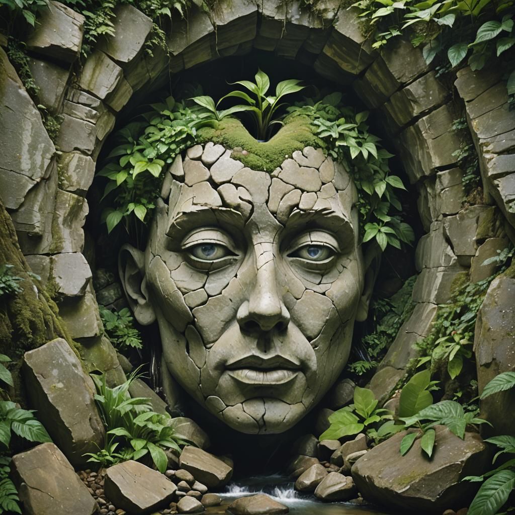 A surrealist depiction showing a stone replica of a man's head. The head is hollowed out to create a heart-shaped tunnel...