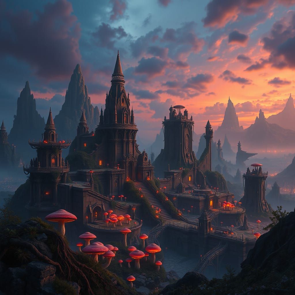 Ethereal Dusk Ruins in Deep Blue-Purple Hues