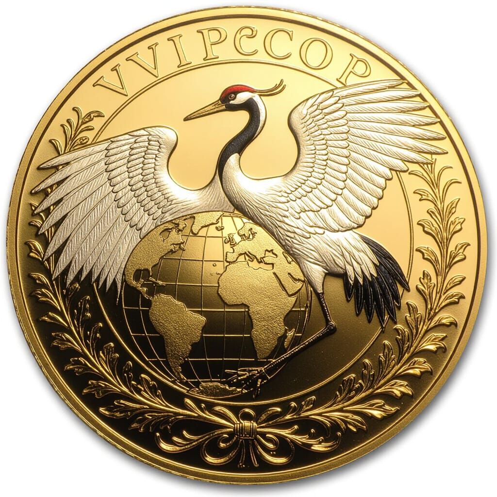 Elegant Gold Coin with Crane Embracing Globe for VIPco