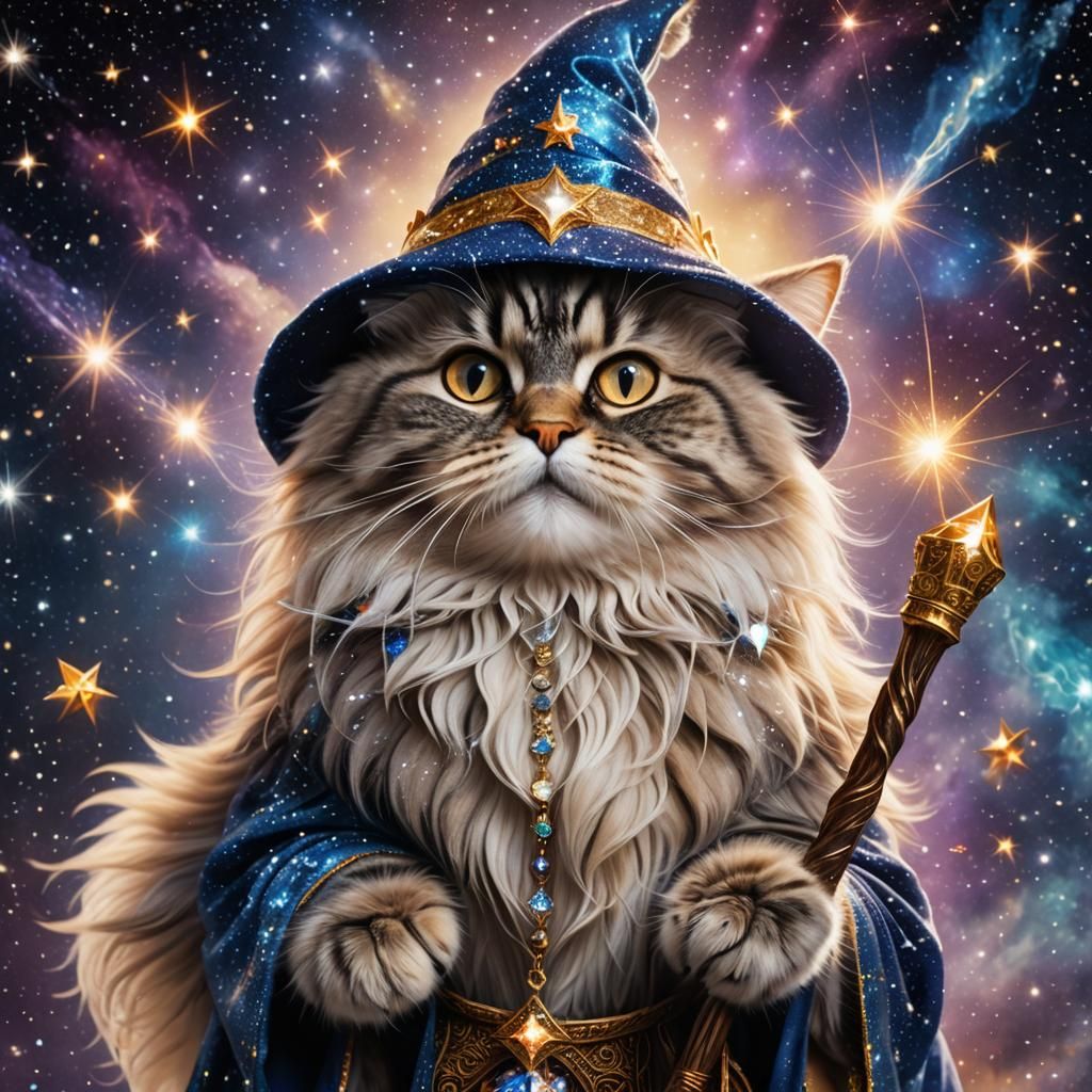 Siberian Cat Wizard Flying Through the Galaxy