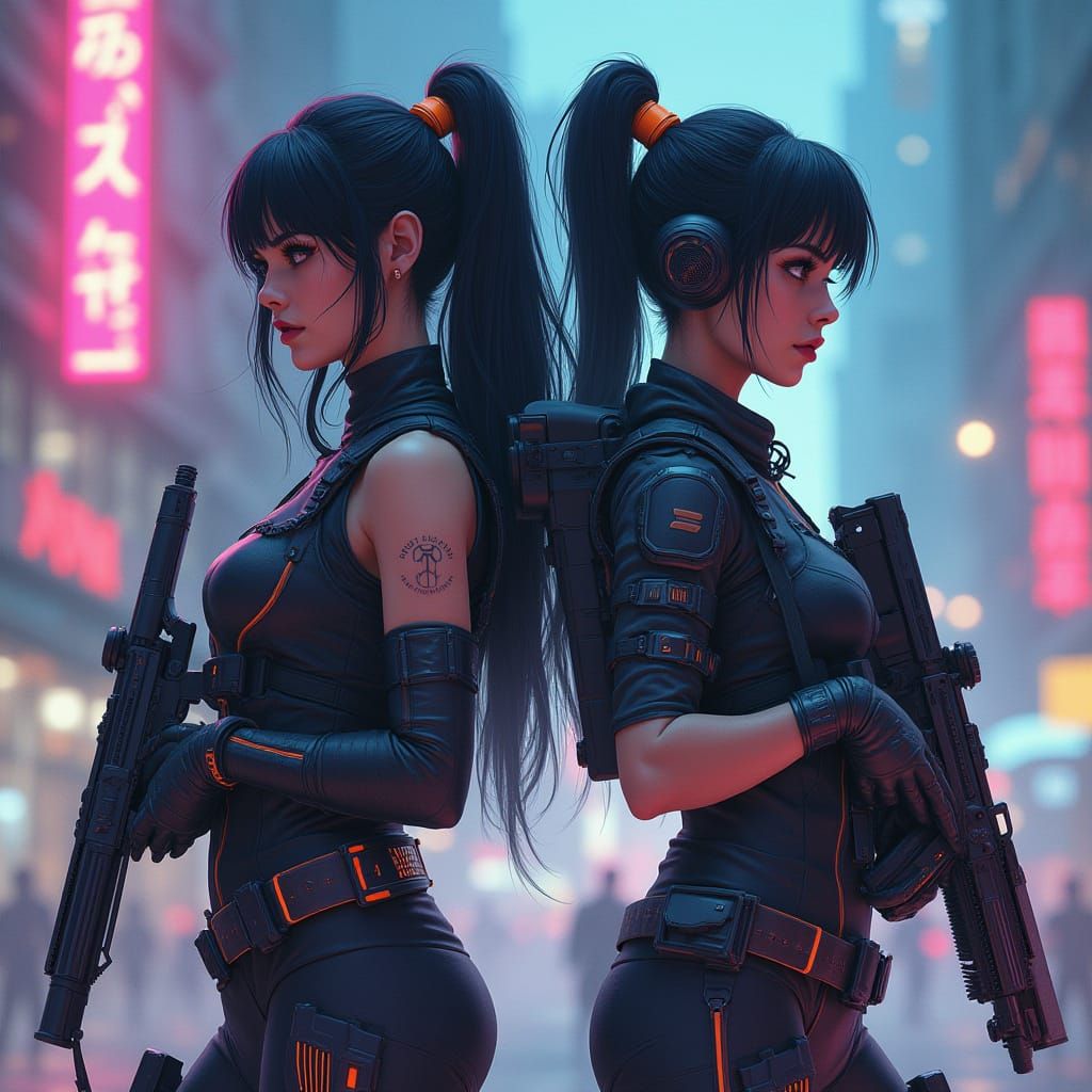 Cyberpunk Warriors in Neon Cityscape